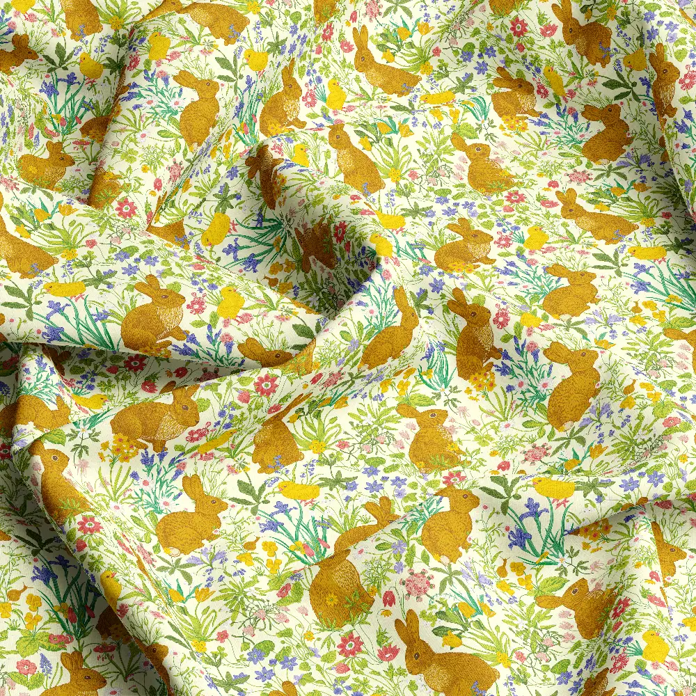 Vintage Meadow Flower and Bunny Pattern – Custom Print Fabrics