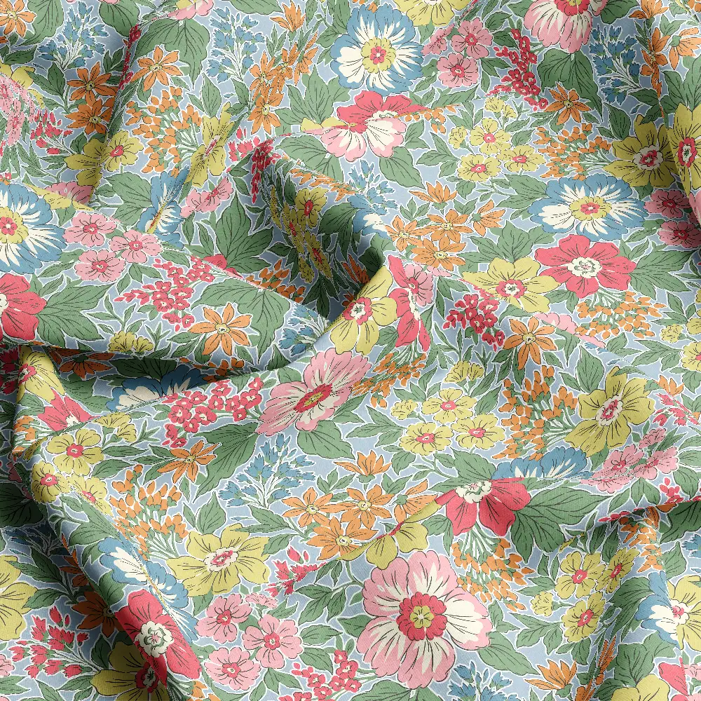 Vintage Ditsy Pastel Flowers on Blue Background – Custom Print Fabrics