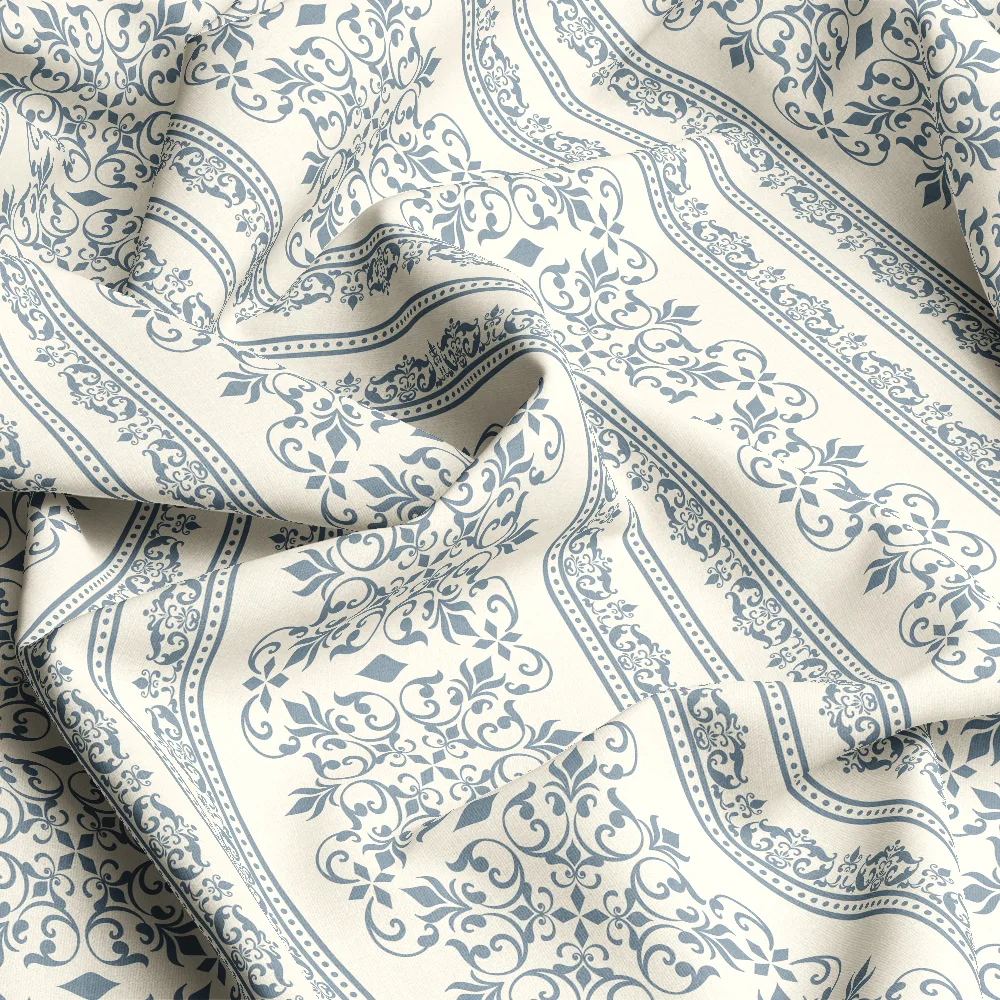 Refined Elegant Blue Damask Scrollwork on Cream – Custom Print Fabrics
