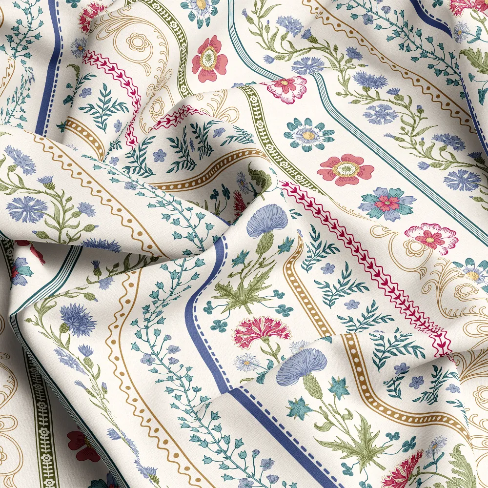 Retro Meadow Floral Vertical Stripe Fabric – Custom Print Fabrics