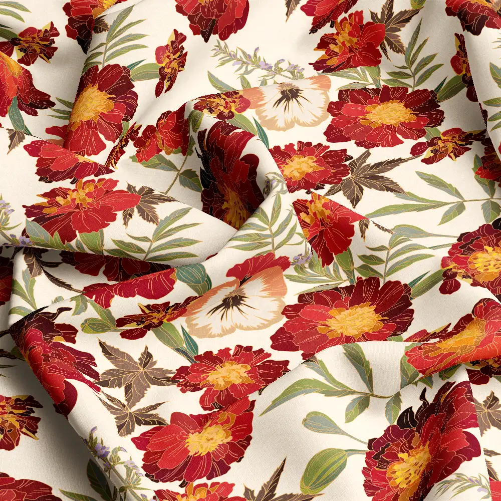 Vintage Cream Pansies Marigolds – Custom Print Fabrics