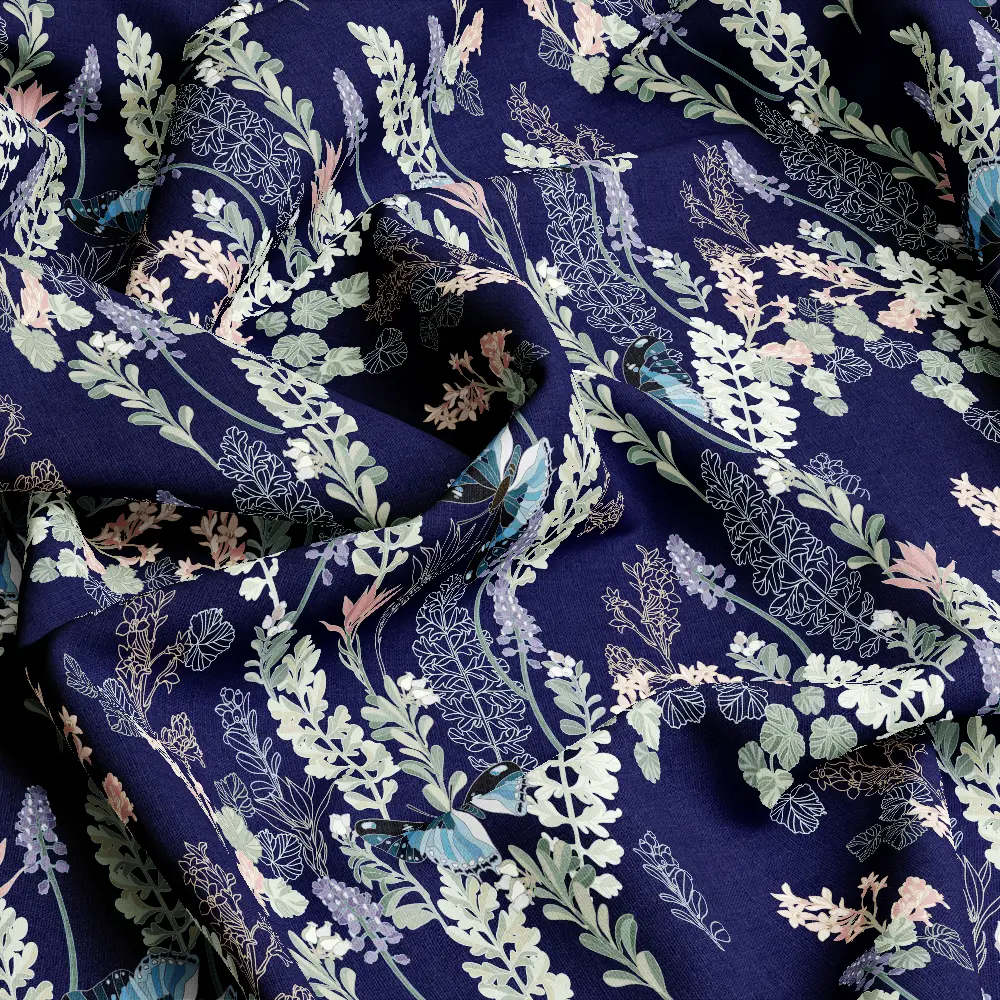 Botanical Herbs & Wildflowers on Navy – Custom Print Fabrics