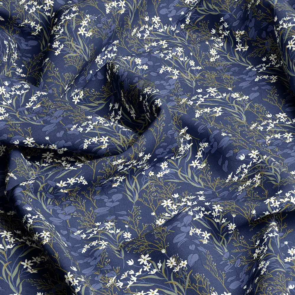 Elegant White Wildflowers on Navy – Custom Print Fabrics
