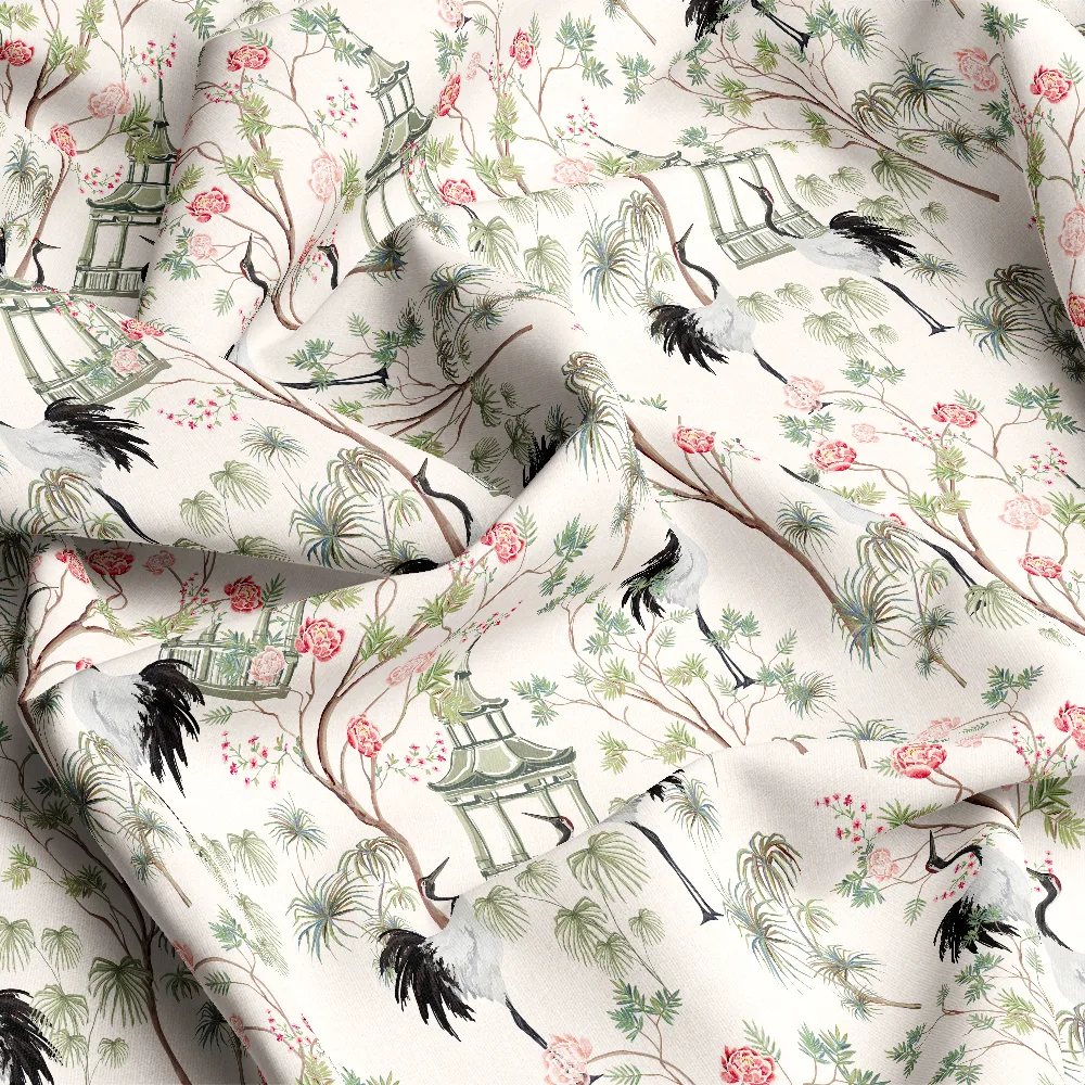Exotic Chinoiserie Cranes and Pavilion– Custom Print Fabrics