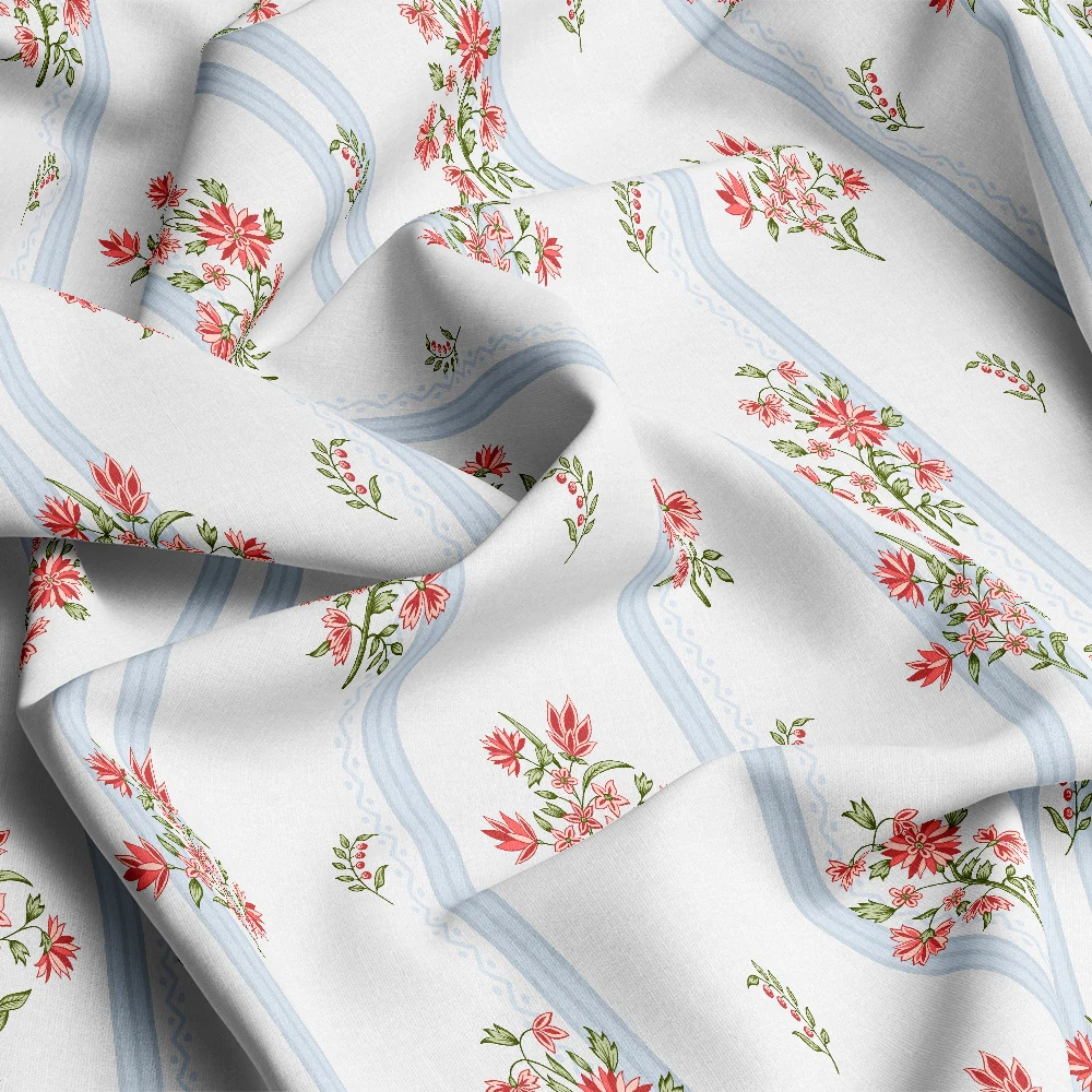French Country Blue Stripe and Blooms – Custom Print Fabrics
