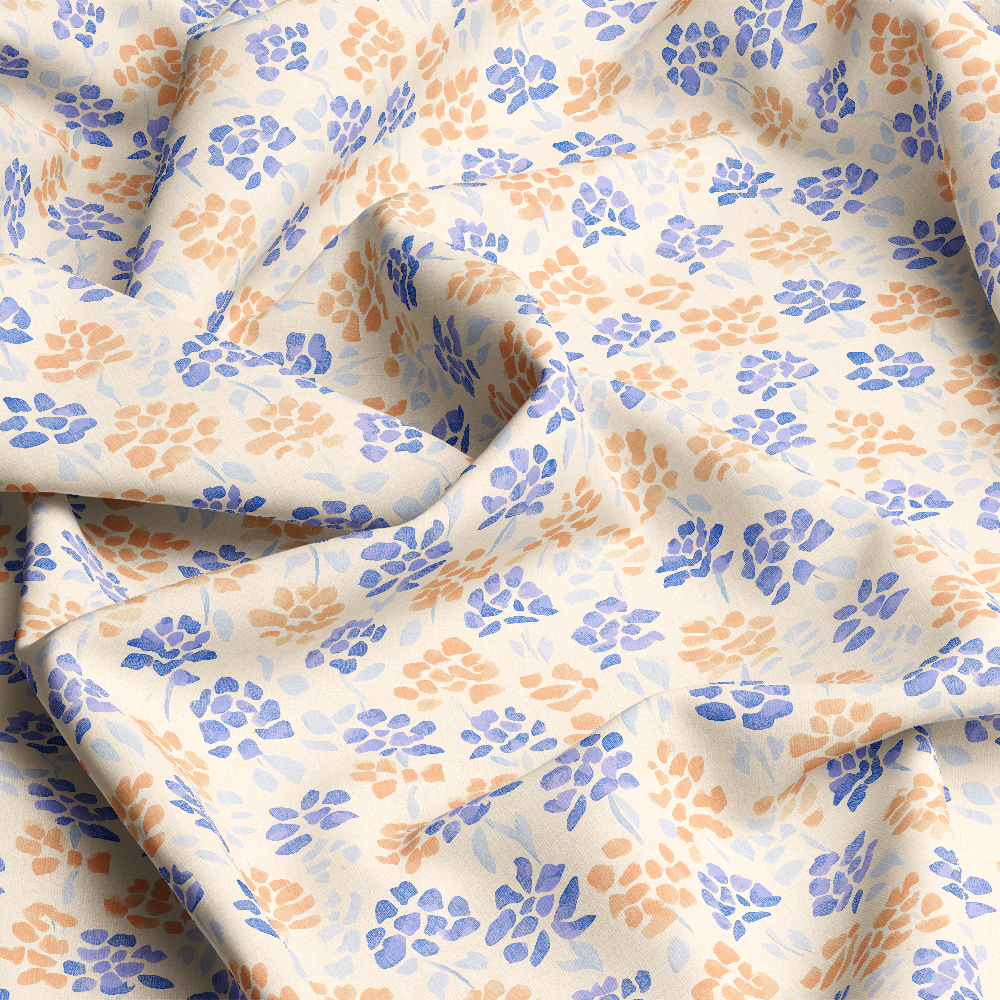 Light Blue & Orange Ditsy Floral Print on Cream Background – Custom Print Fabrics