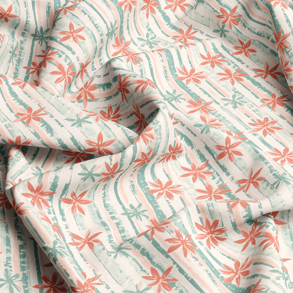 Coral Pink & Mint Green Floral Stripe Botanical Print – Custom Print Fabrics