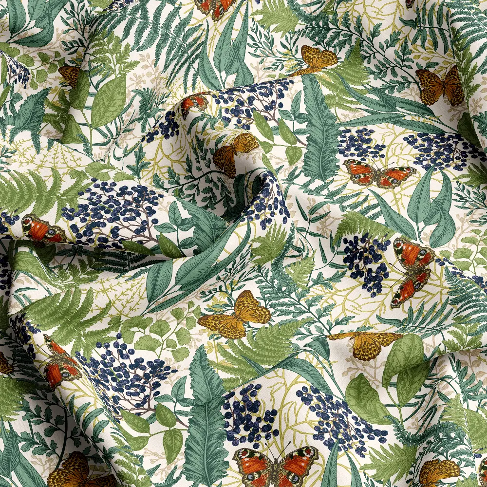 Vintage Botanical Butterflies Blueberries–Custom Print Fabrics