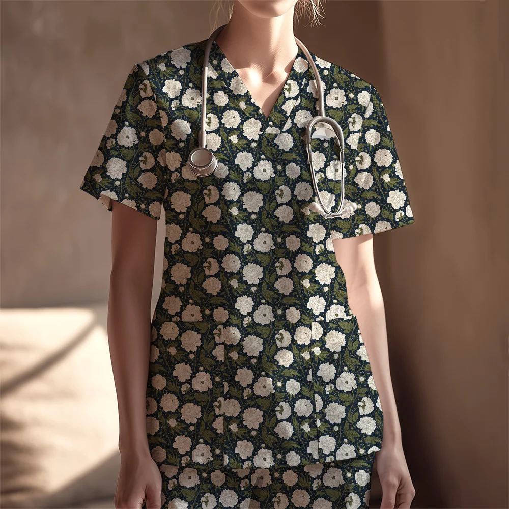 Women's Nurse Scrubs Set – Celestial Navy Peony Floral Pattern