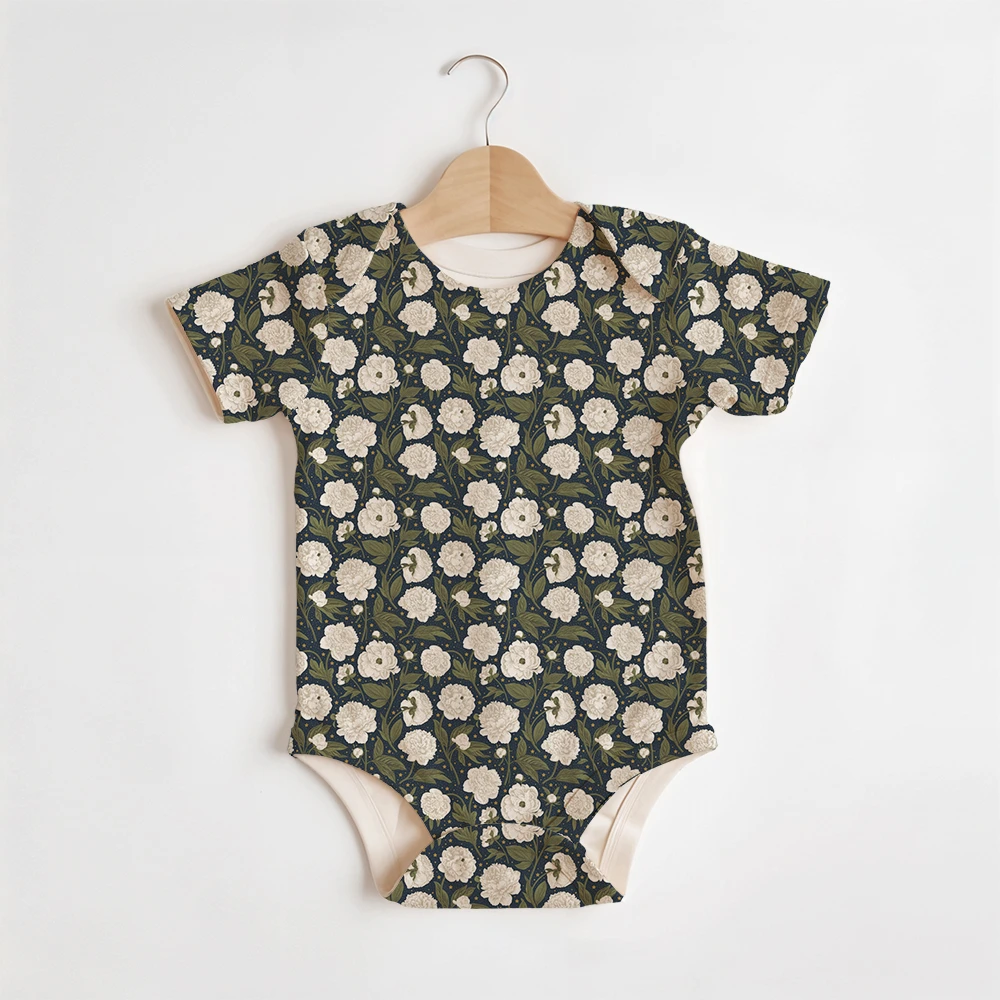 Summer Baby/Toddler Short-Sleeve Romper With Crotch Snaps – Celestial Navy Peony Floral Pattern