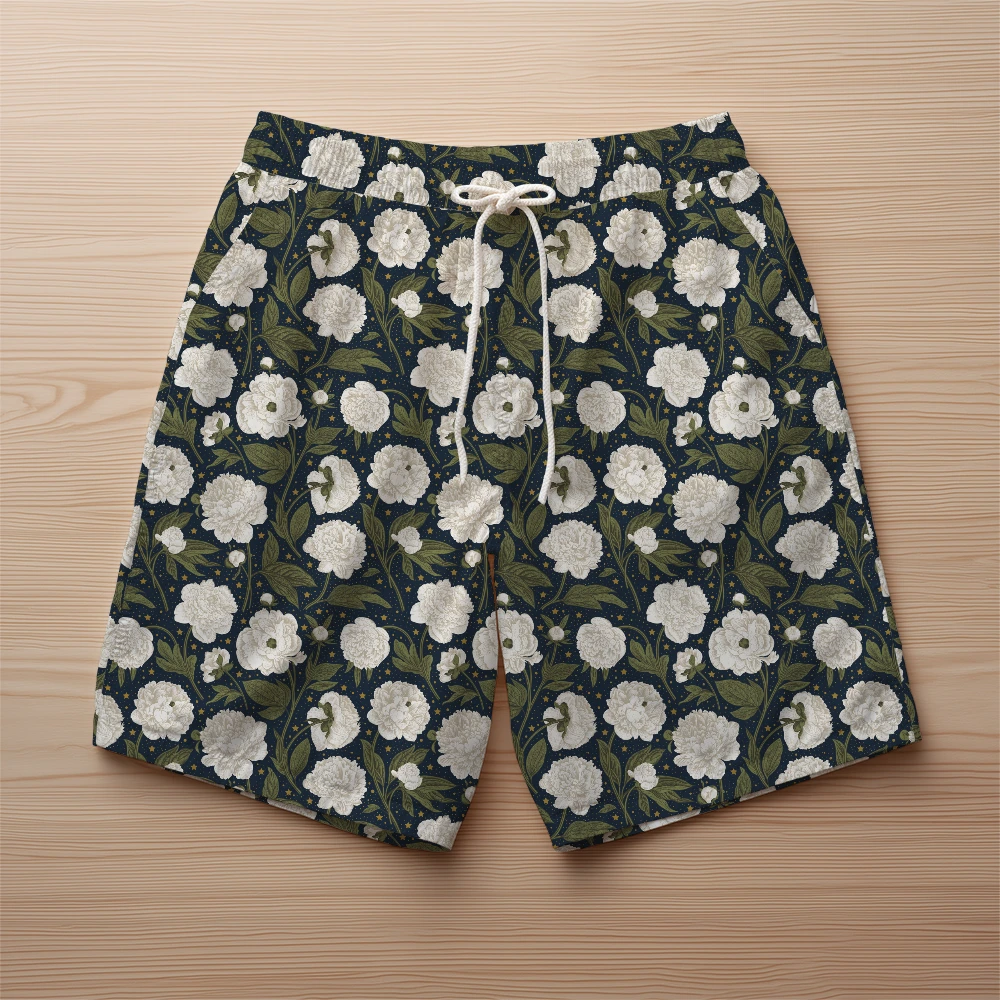 Beach Shorts – Celestial Navy Peony Floral Pattern