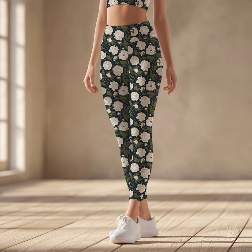 Women's Yoga Leggings – Celestial Navy Peony Floral Pattern