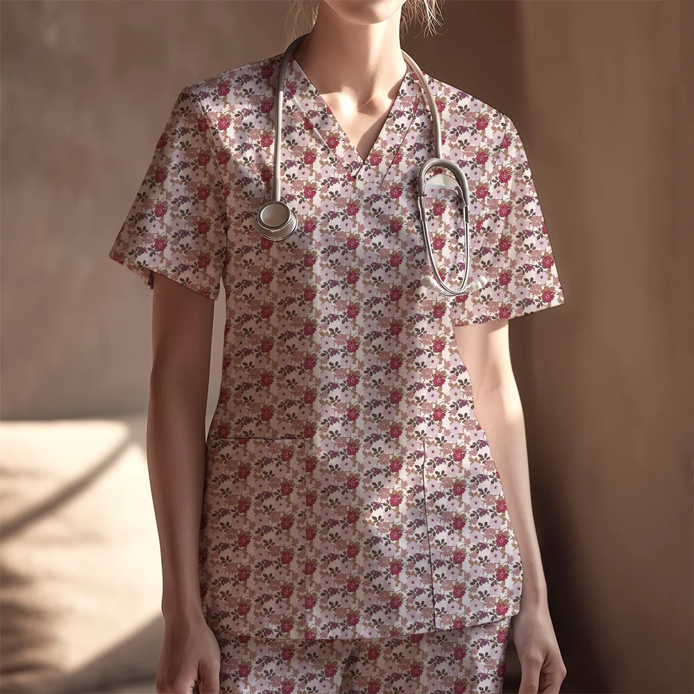 Women's Nurse Scrubs Set – Vintage Blush Floral Leaves Seamless