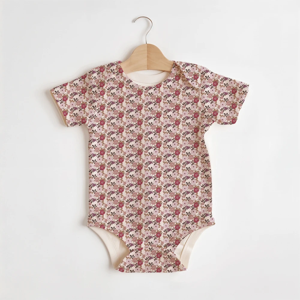 Summer Baby/Toddler Short-Sleeve Romper With Crotch Snaps – Vintage Blush Floral Leaves Seamless