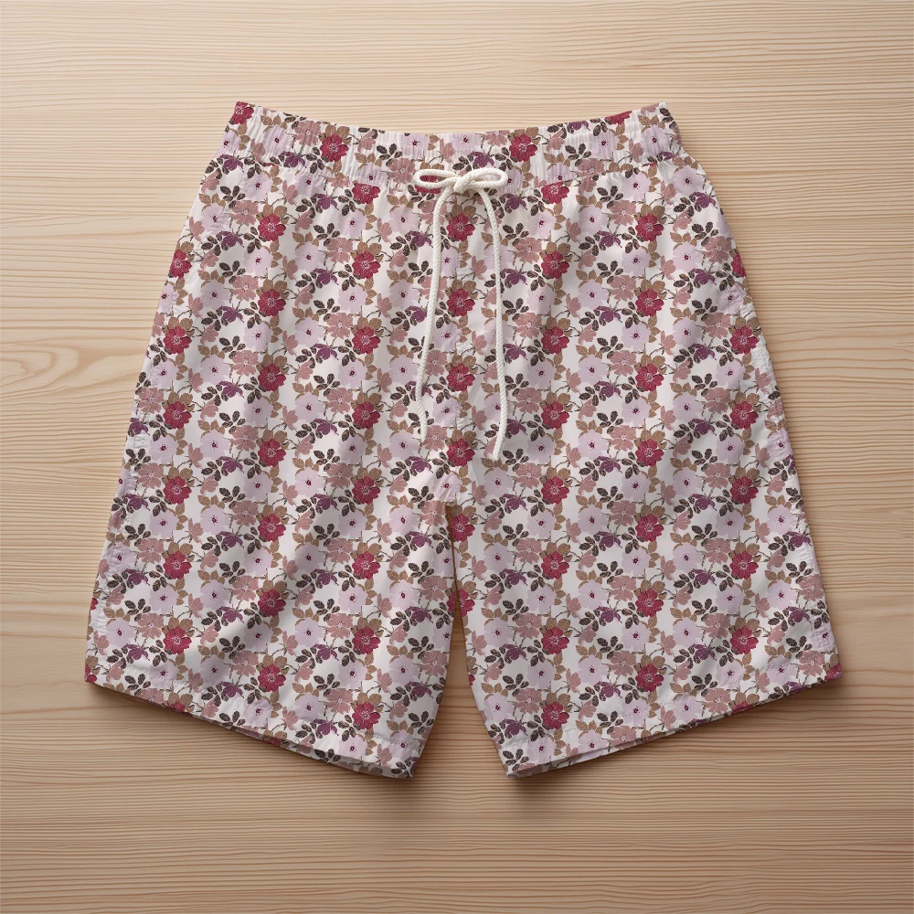Beach Shorts – Vintage Blush Floral Leaves Seamless
