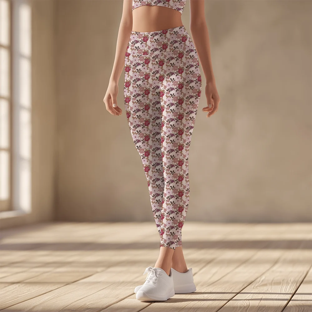 Women's Yoga Leggings – Vintage Blush Floral Leaves Seamless