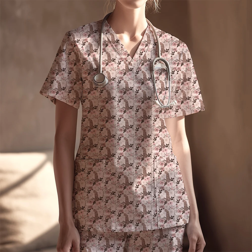 Women's Nurse Scrubs Set – Retro Leopard Flowers Leaves Pattern