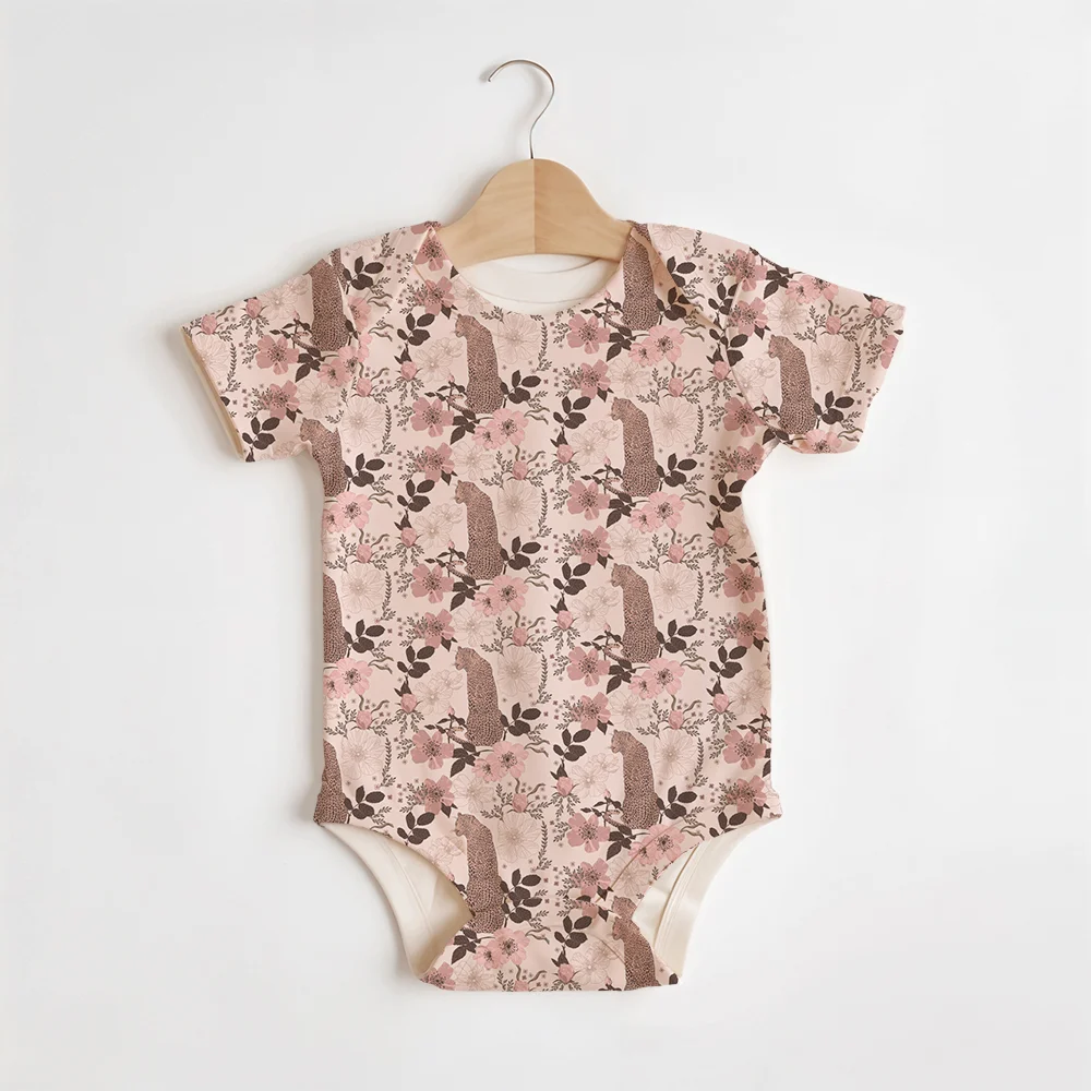 Summer Baby/Toddler Short-Sleeve Romper With Crotch Snaps – Retro Leopard Flowers Leaves Pattern