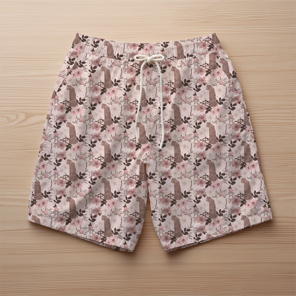 Beach Shorts – Retro Leopard Flowers Leaves Pattern