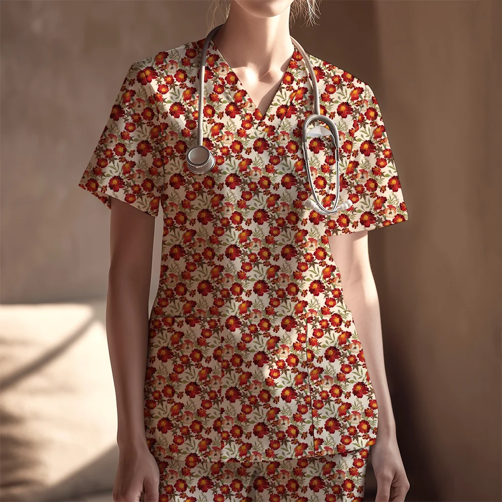 Women's Nurse Scrubs Set – Vintage Cream Pansies Marigolds