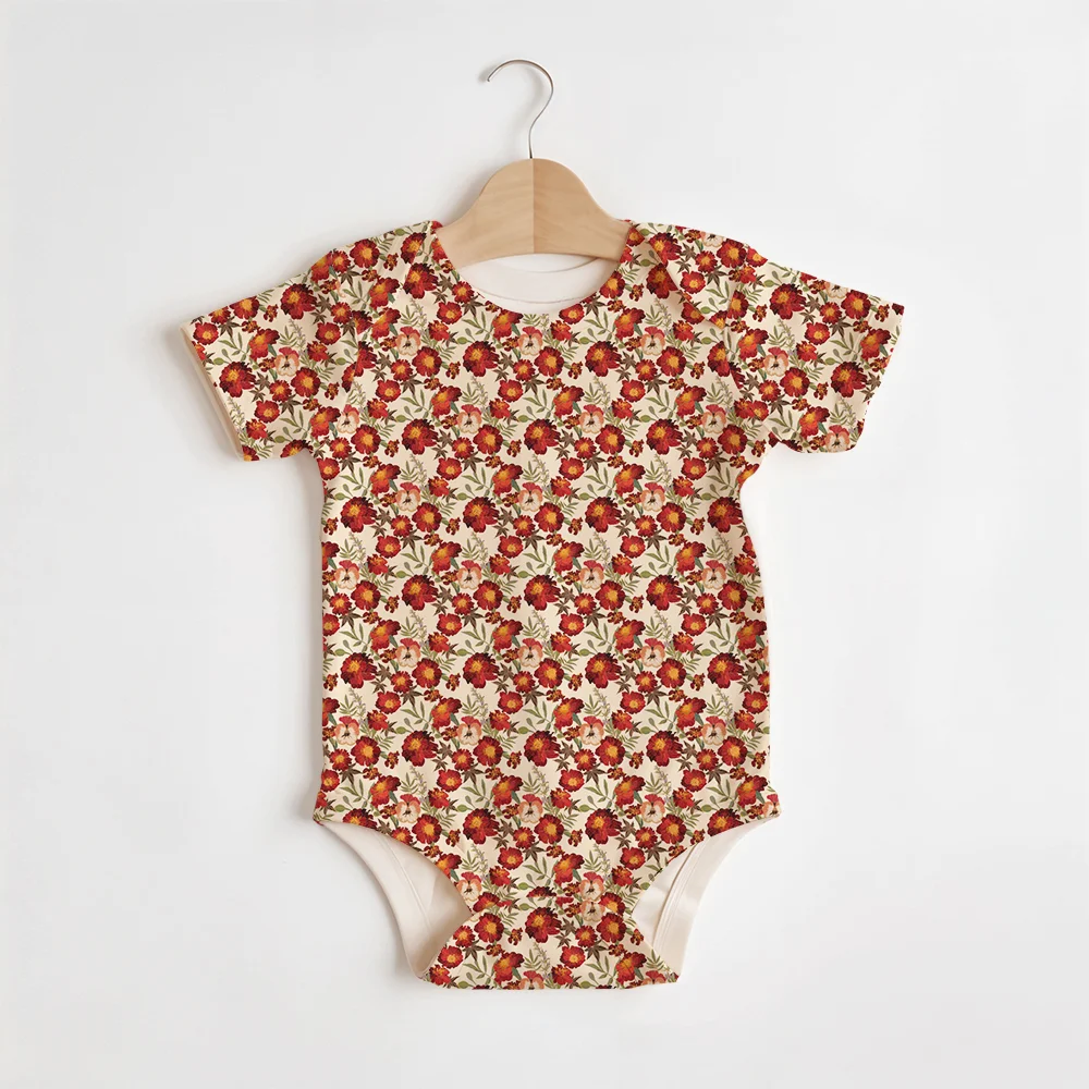 Summer Baby/Toddler Short-Sleeve Romper With Crotch Snaps – Vintage Cream Pansies Marigolds