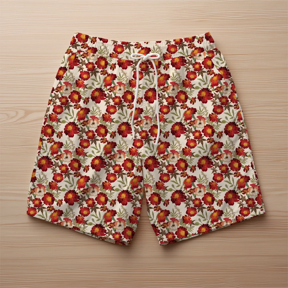 Beach Shorts – Vintage Cream Pansies Marigolds