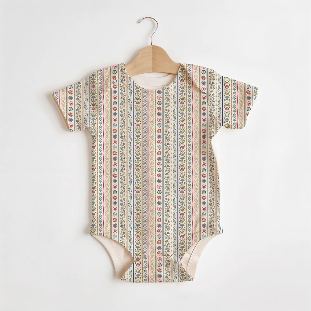 Summer Baby/Toddler Short-Sleeve Romper With Crotch Snaps – Retro Meadow Floral Vertical Stripe Fabric