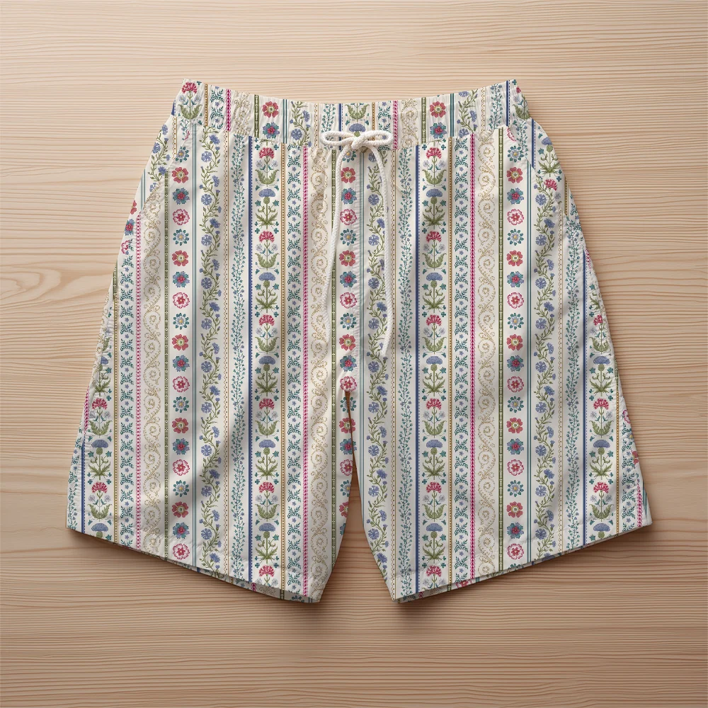 Beach Shorts – Retro Meadow Floral Vertical Stripe Fabric