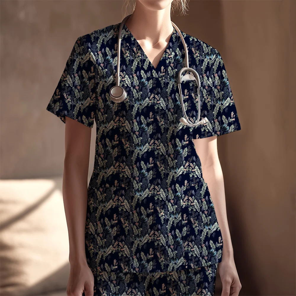 Women's Nurse Scrubs Set – Botanical Herbs & Wildflowers on Navy