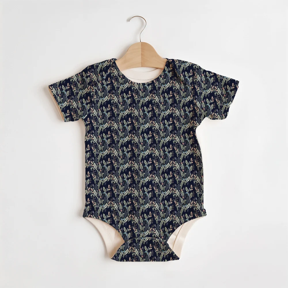 Summer Baby/Toddler Short-Sleeve Romper With Crotch Snaps – Botanical Herbs & Wildflowers on Navy