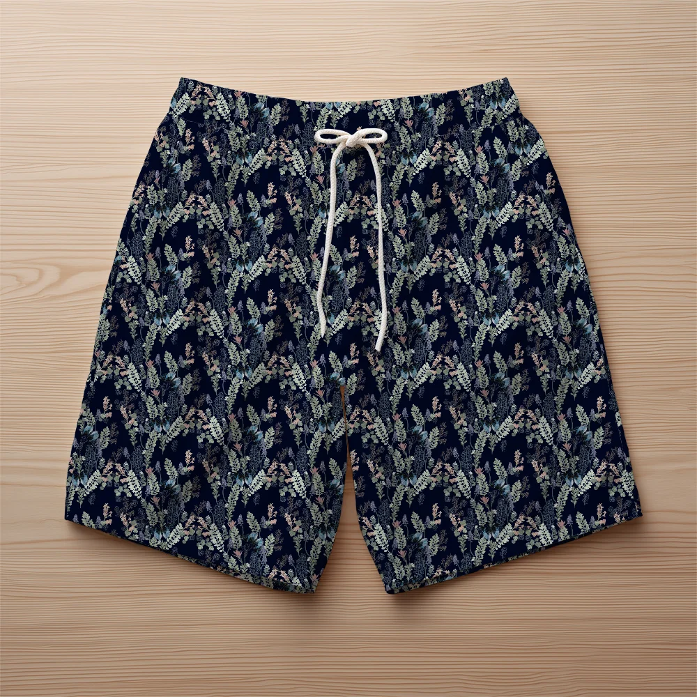 Beach Shorts – Botanical Herbs & Wildflowers on Navy
