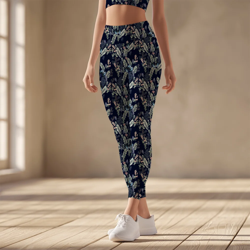 Women's Yoga Leggings – Botanical Herbs & Wildflowers on Navy