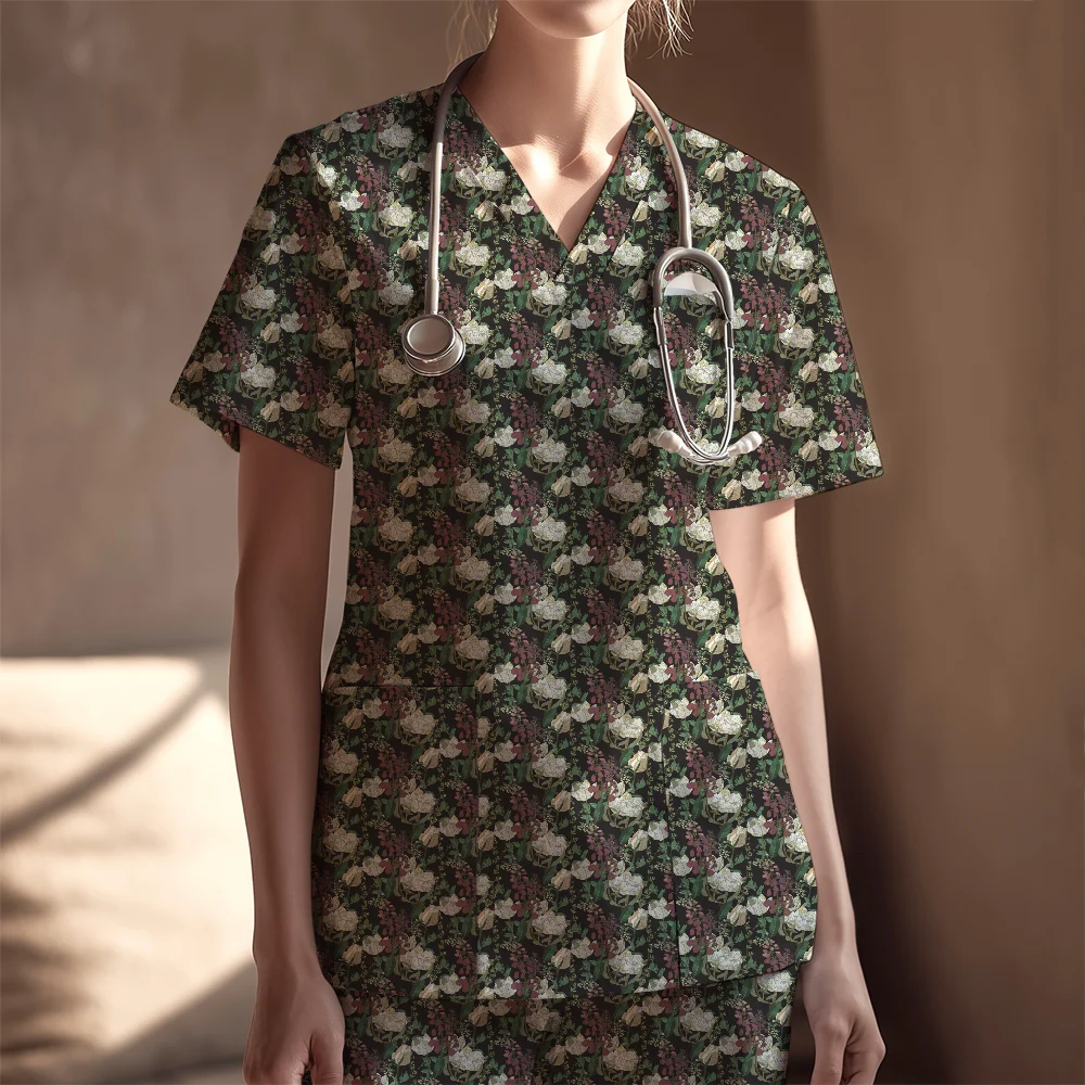 Women's Nurse Scrubs Set – Vintage Earthy Floral Leaves on Brown