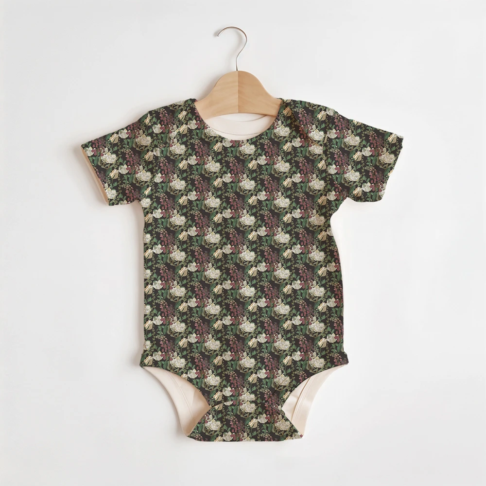 Summer Baby/Toddler Short-Sleeve Romper With Crotch Snaps – Vintage Earthy Floral Leaves on Brown