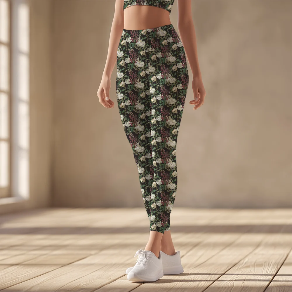 Women's Yoga Leggings – Vintage Earthy Floral Leaves on Brown