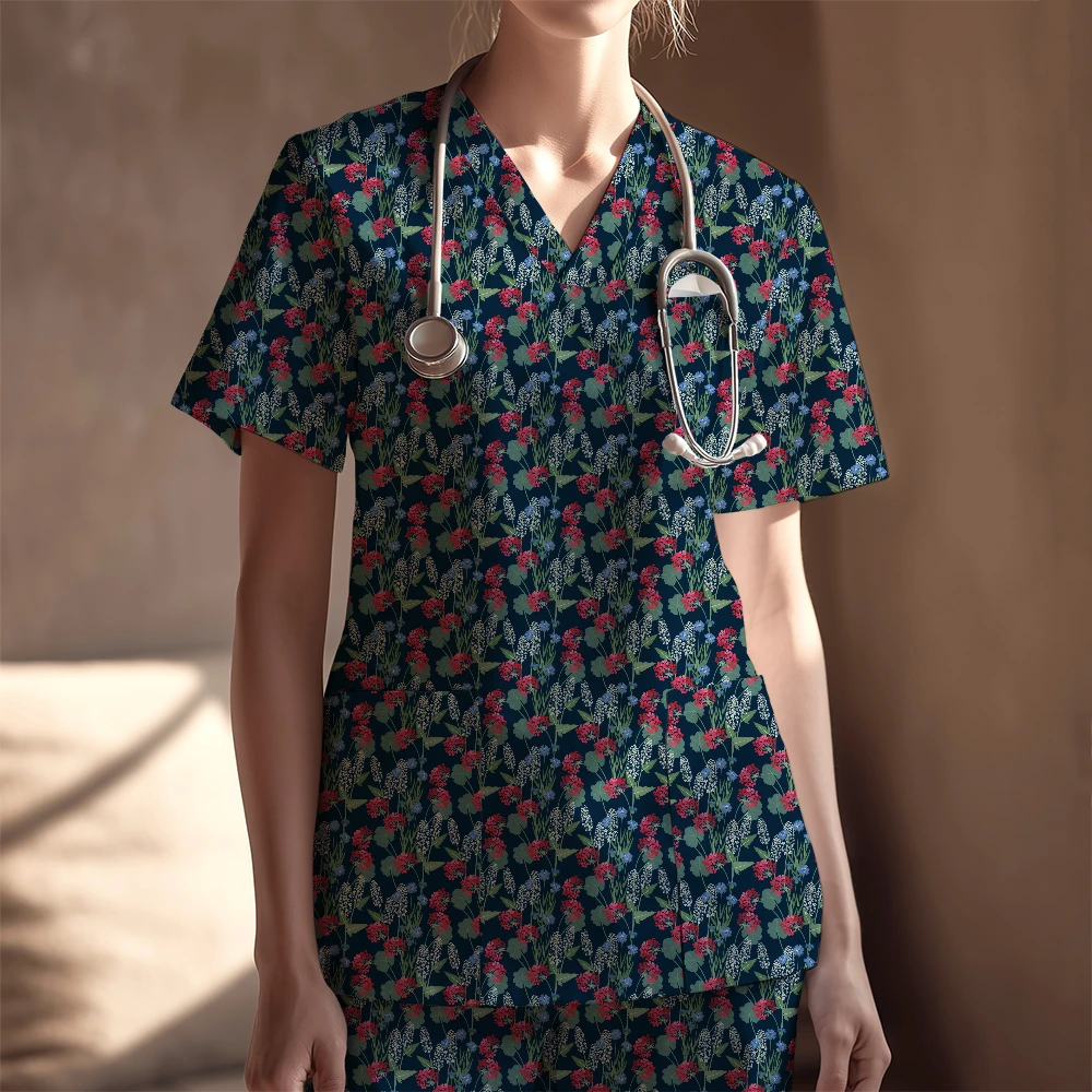 Women's Nurse Scrubs Set – Botanical Sketch Flowers Branches Dark