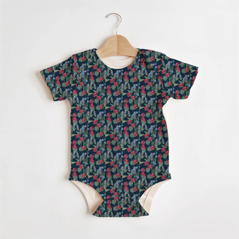 Summer Baby/Toddler Short-Sleeve Romper With Crotch Snaps – Vintage Earthy Floral Leaves on Brown