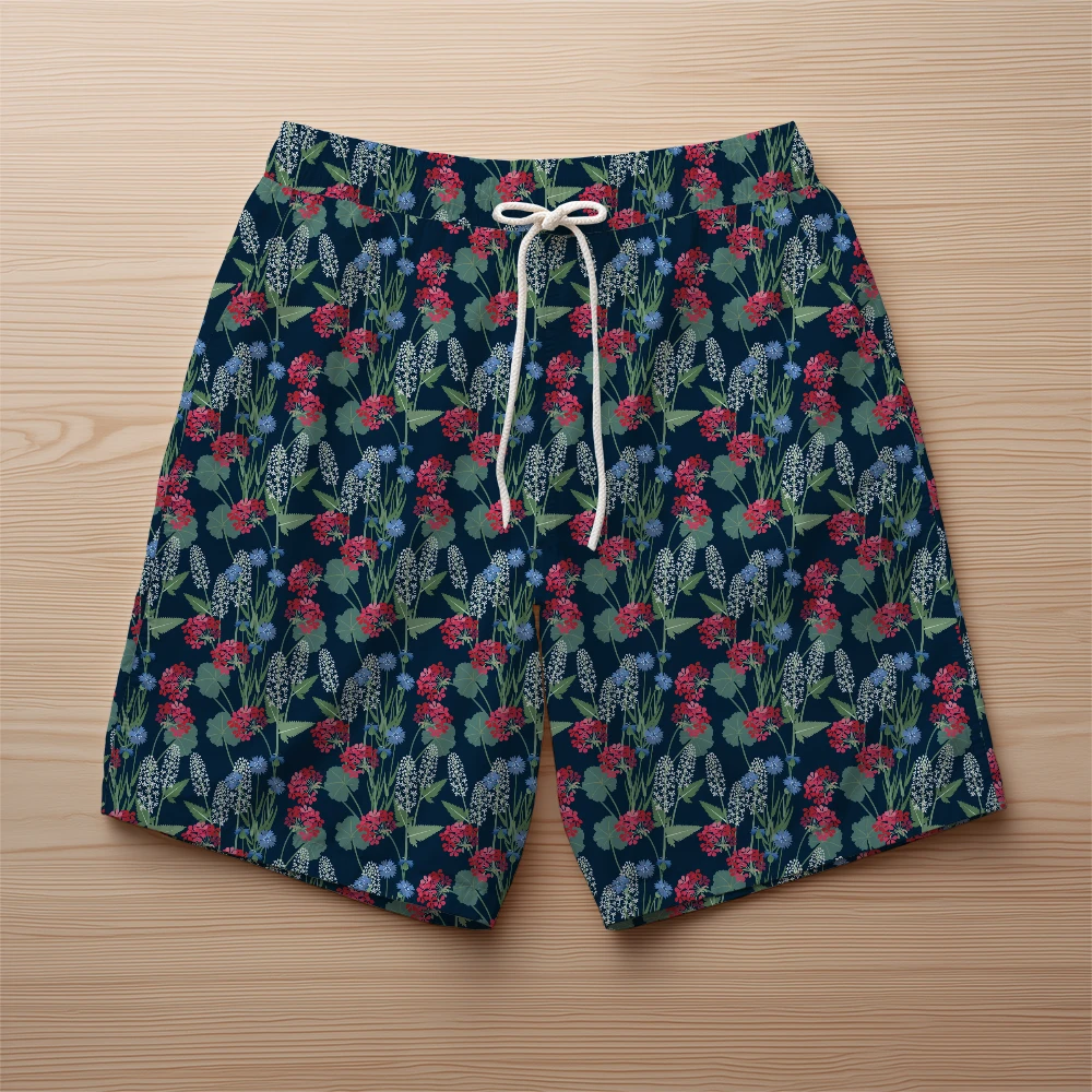 Beach Shorts – Botanical Sketch Flowers Branches Dark