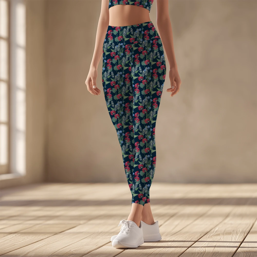 Women's Yoga Leggings – Botanical Sketch Flowers Branches Dark
