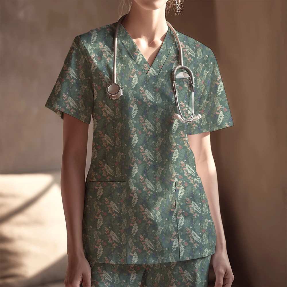 Women's Nurse Scrubs Set – Vintage Sage Floral Leaf Seamless