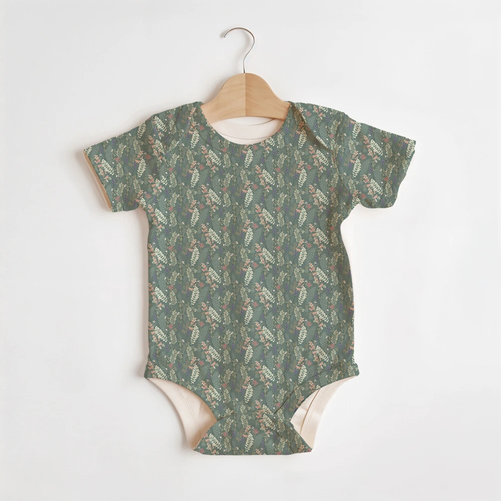 Summer Baby/Toddler Short-Sleeve Romper With Crotch Snaps – Vintage Sage Floral Leaf Seamless