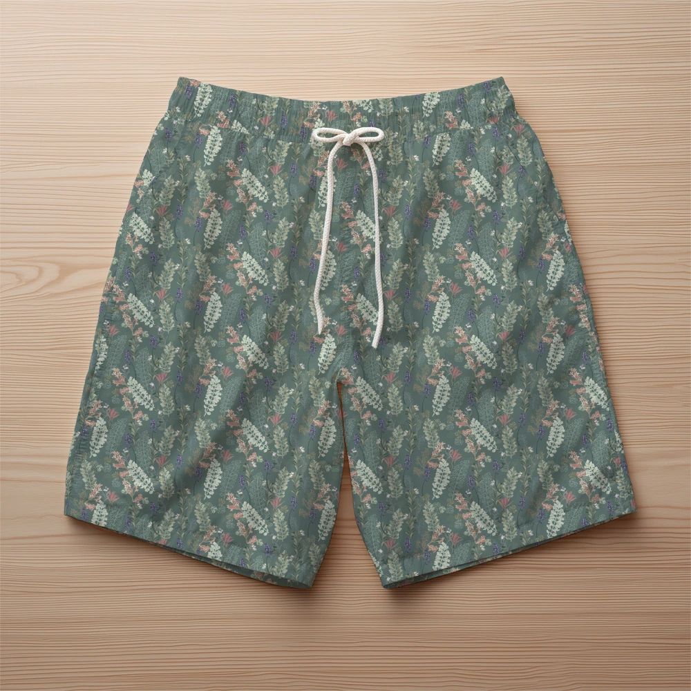Beach Shorts – Vintage Sage Floral Leaf Seamless