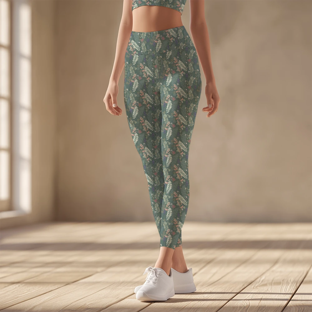 Women's Yoga Leggings – Vintage Sage Floral Leaf Seamless