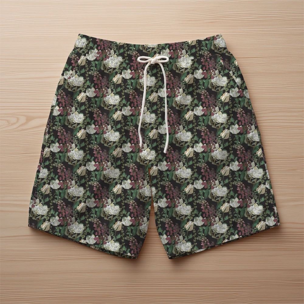 Beach Shorts – Vintage Earthy Floral Leaves on Brown