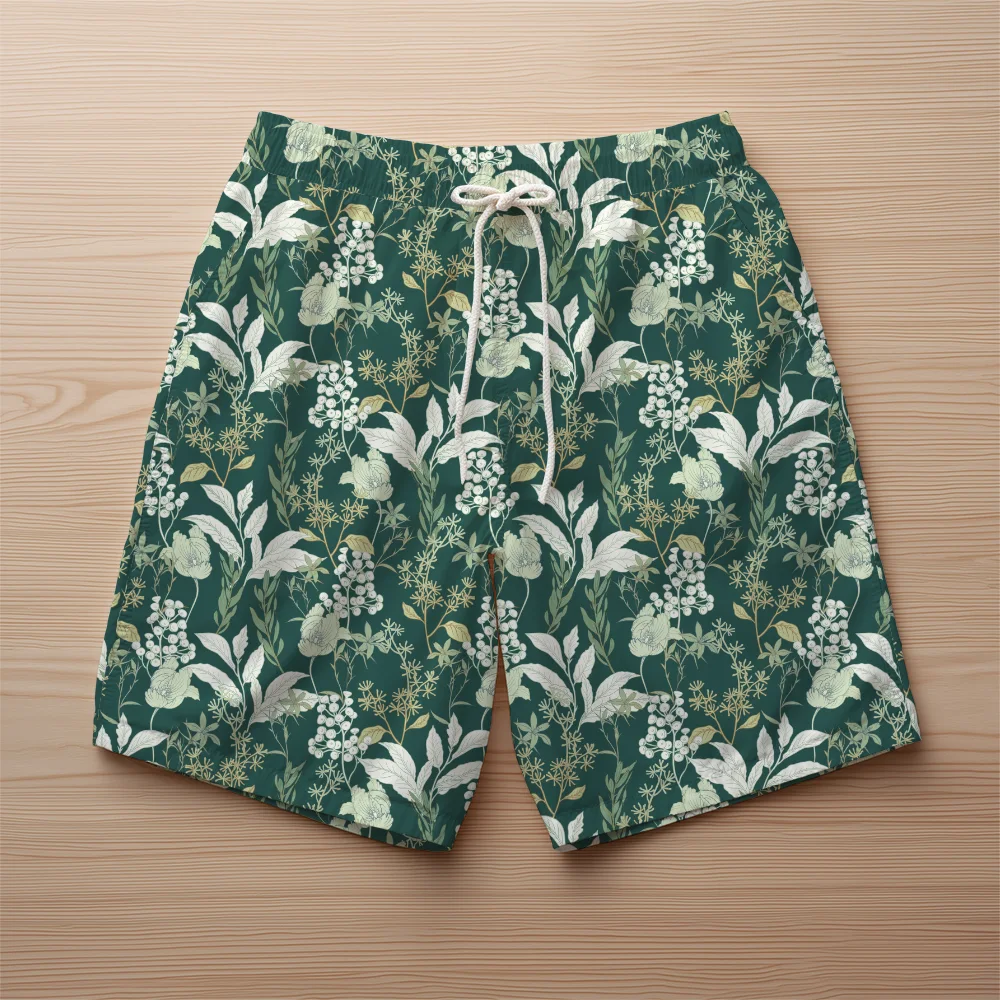 Beach Shorts – Vintage Green Botanical Tulip Pattern