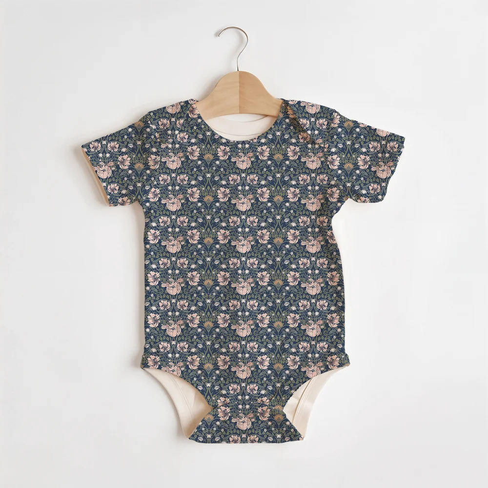 Summer Baby/Toddler Short-Sleeve Romper With Crotch Snaps – Arts and Crafts Vintage Floral Pattern