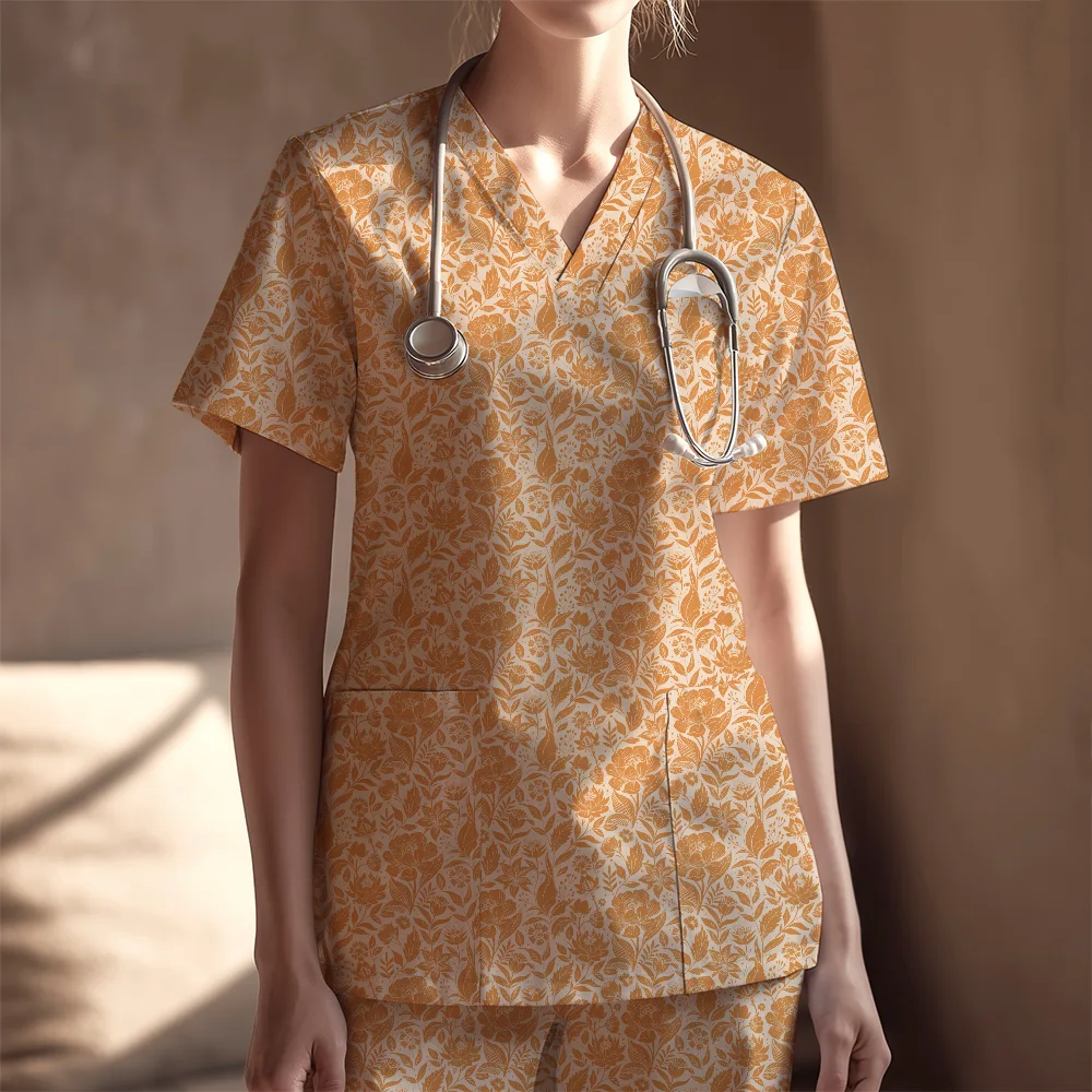 Women's Nurse Scrubs Set – Vintage Peach Floral Botanical Pattern