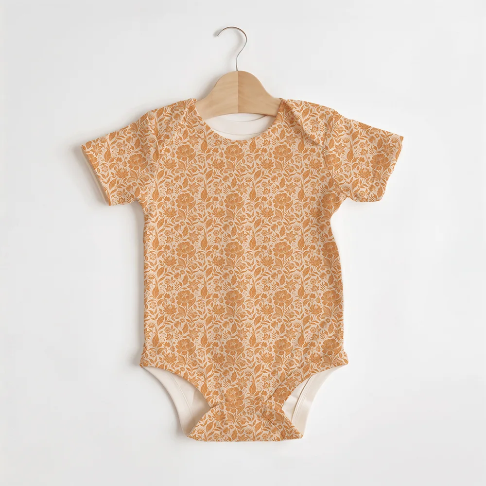 Summer Baby/Toddler Short-Sleeve Romper With Crotch Snaps – Vintage Peach Floral Botanical Pattern
