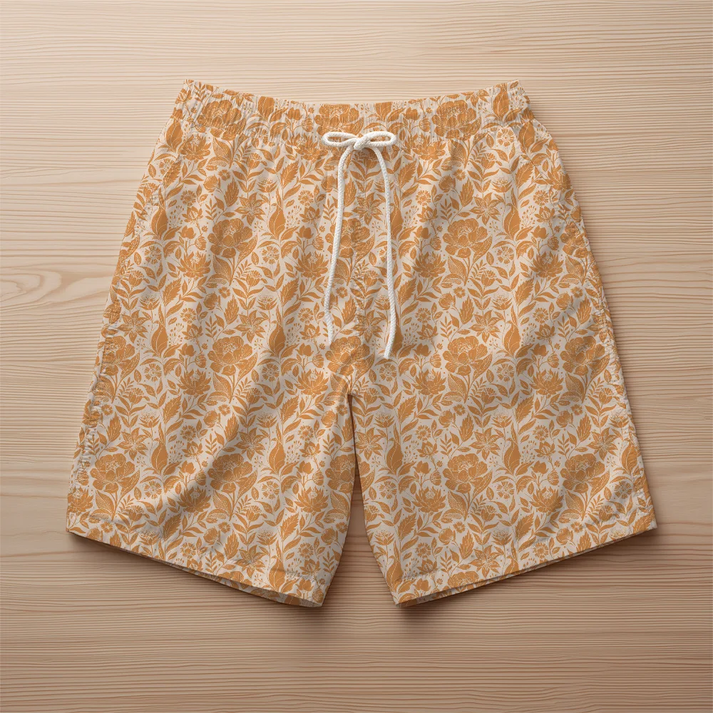 Beach Shorts – Vintage Peach Floral Botanical Pattern