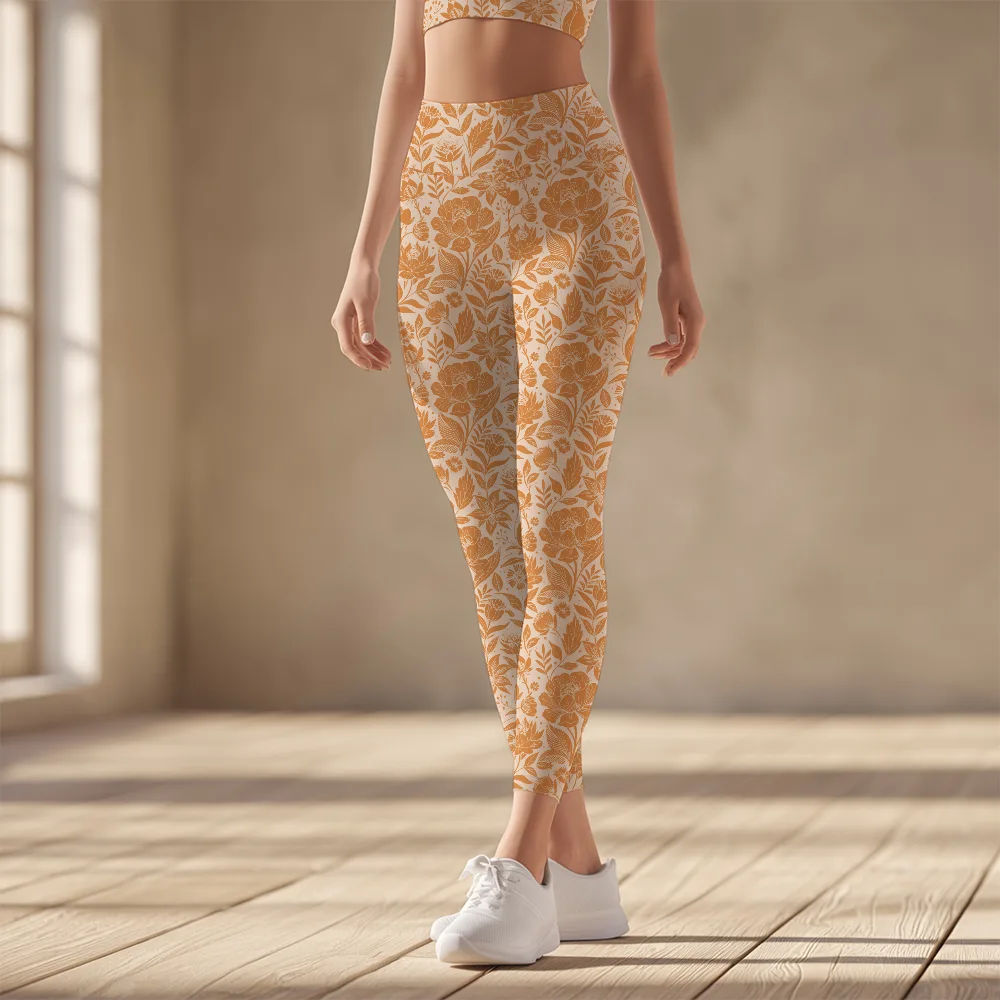 Women's Yoga Leggings – Vintage Peach Floral Botanical Pattern